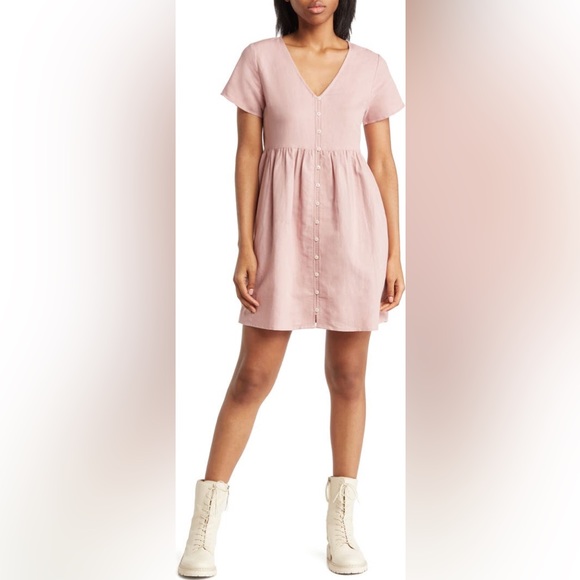 Madewell V-Neck Button Front Linen Blend Minidress in Warm Thistle Pink - Picture 9 of 10